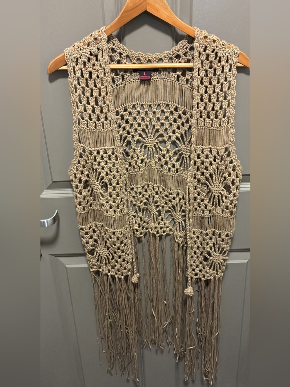 Vintage Rock and Roll Crochet Fringe Vest- Beige